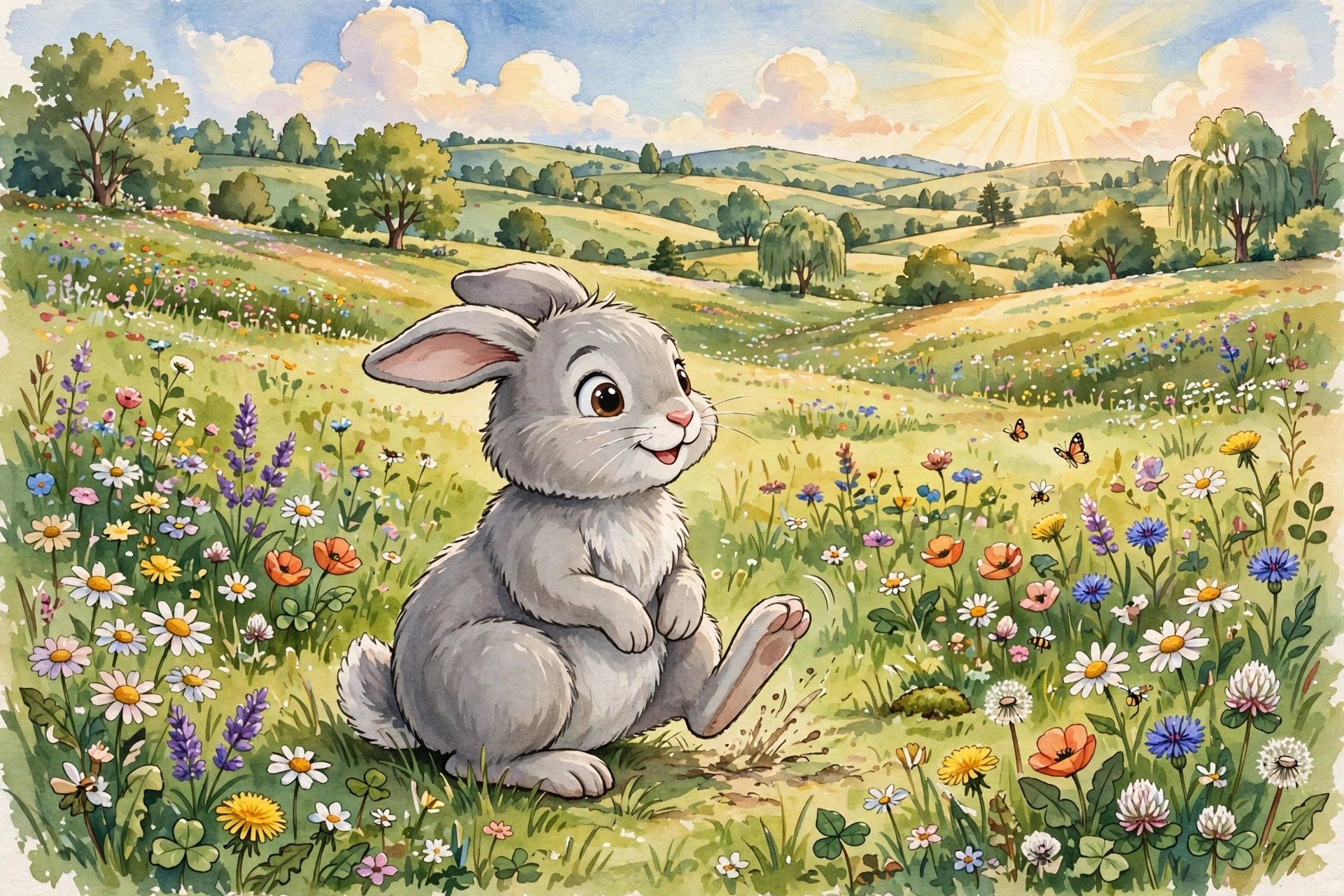 Gray rabbit thumping its foot in a sunny meadow, classic Disney rabbit names like Thumper