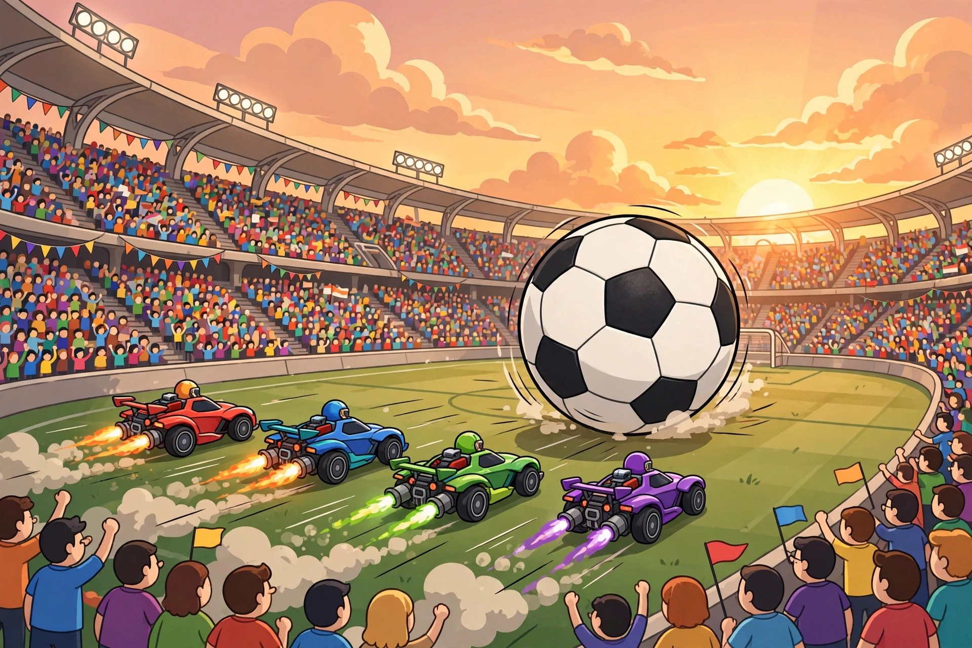 Cartoon rocket car accidentally knocking a soccer ball into its own goal, funny rocket league team names