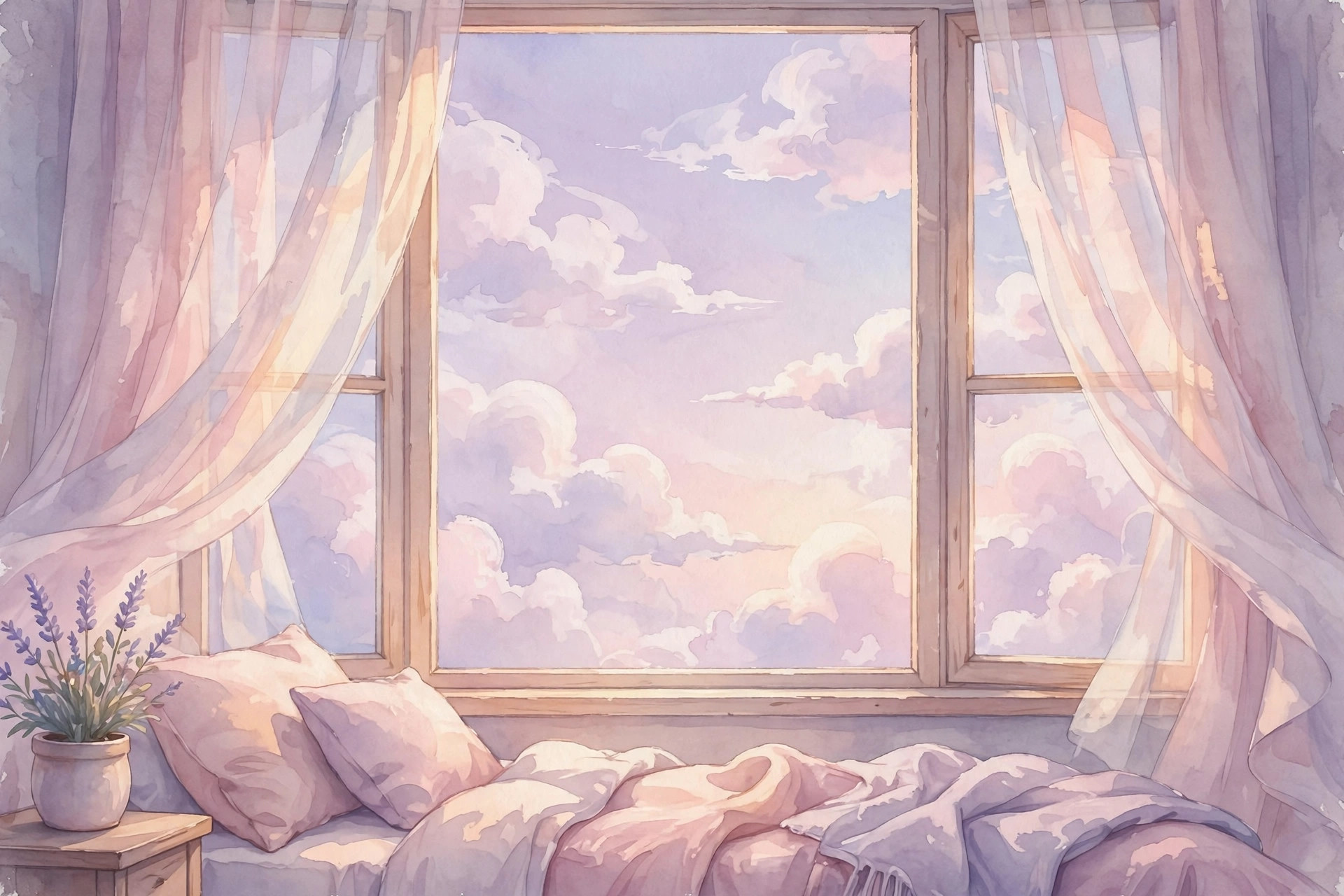 Soft pastel clouds drifting over a cozy sunlit bedroom, aesthetic usernames inspiration art