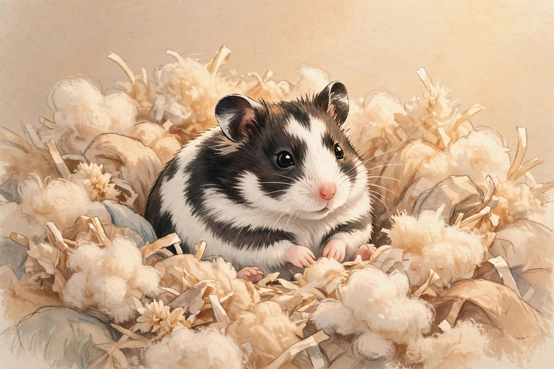 Classic black and white hamster resting in soft bedding