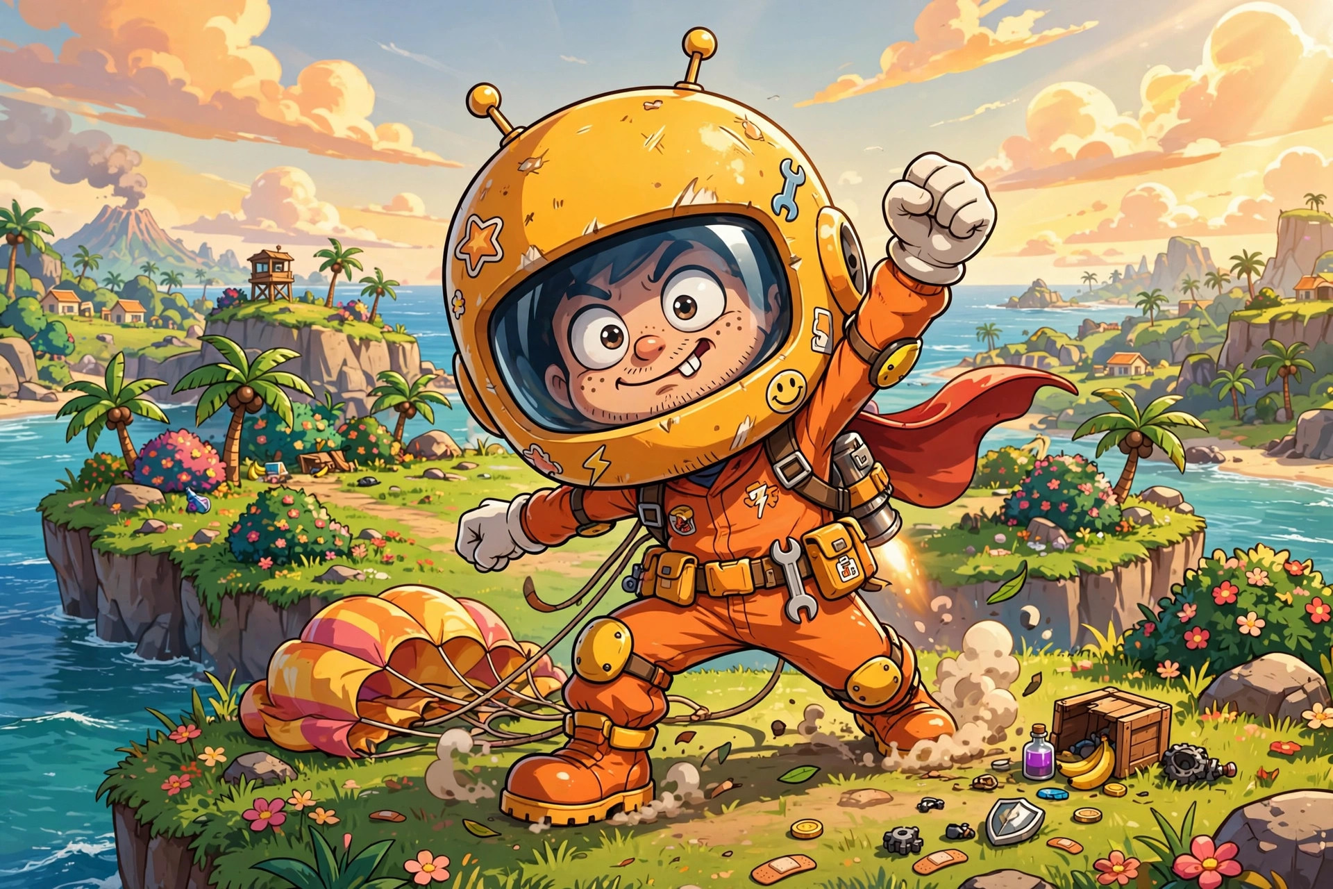 Lone cartoon hero landing alone on a colorful island, funny apex legends solo queue names