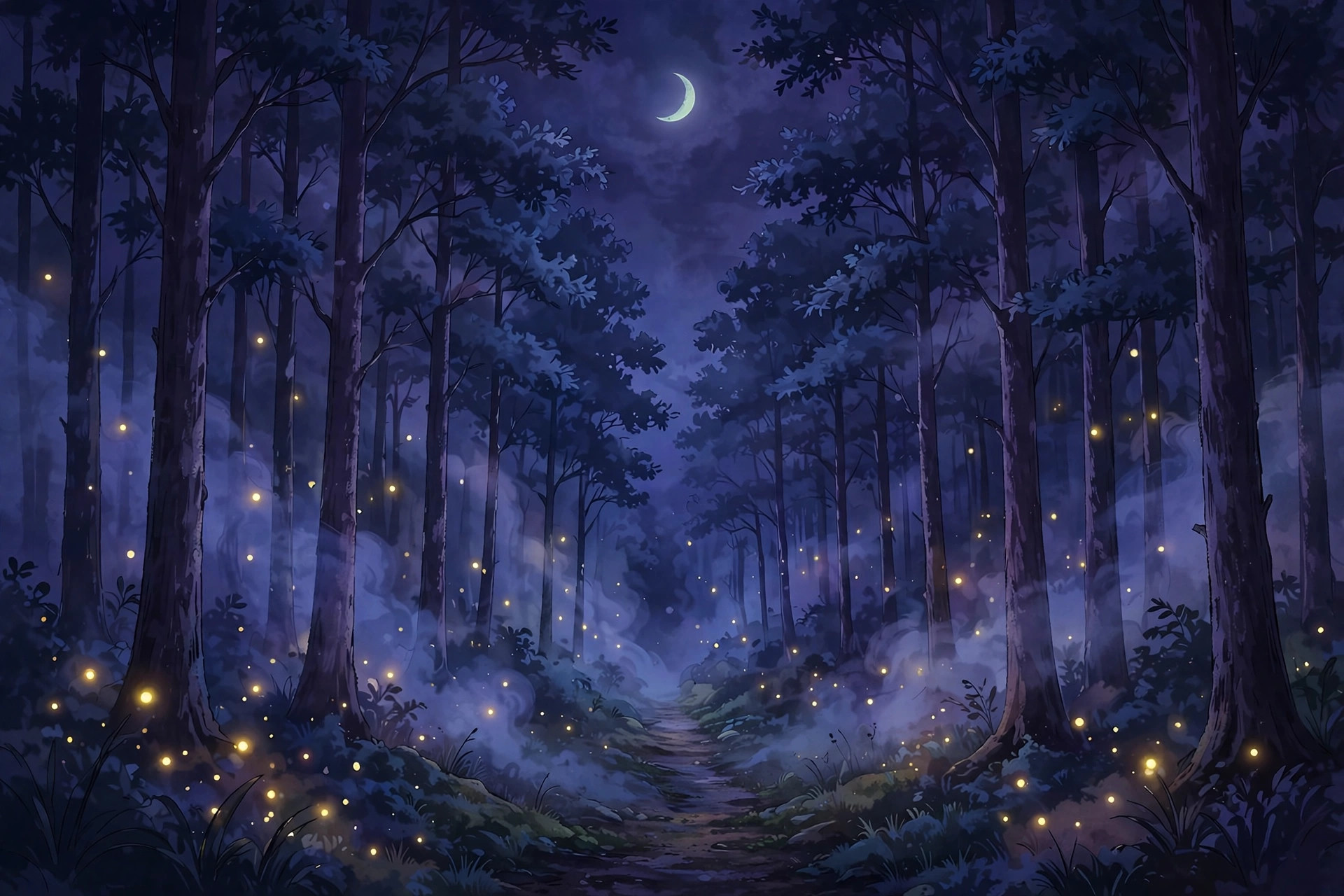 Moonlit forest path with glowing fireflies, dark moody aesthetic usernames art