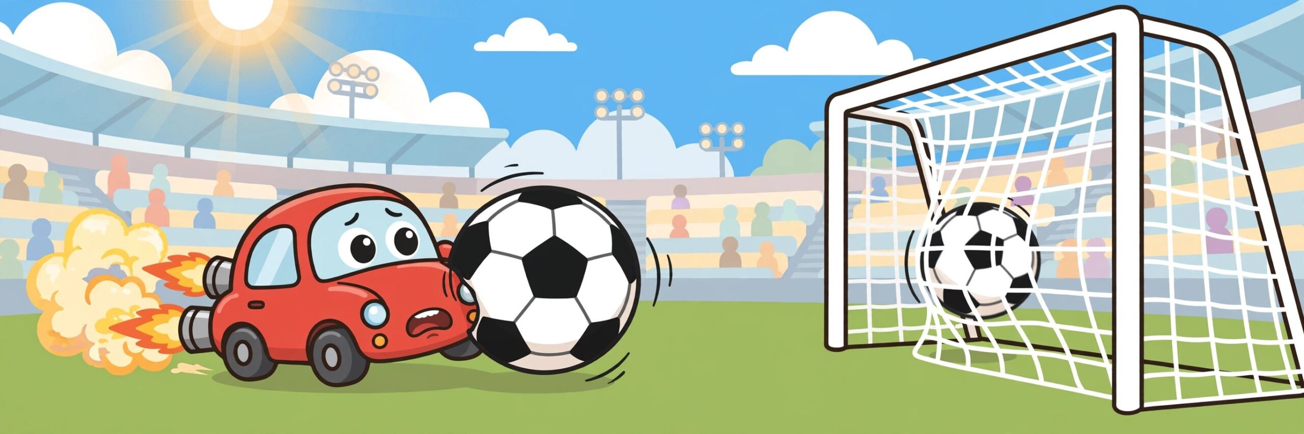 Rocket car leaping and missing a giant soccer ball mid-air, whiff-themed funny team name art