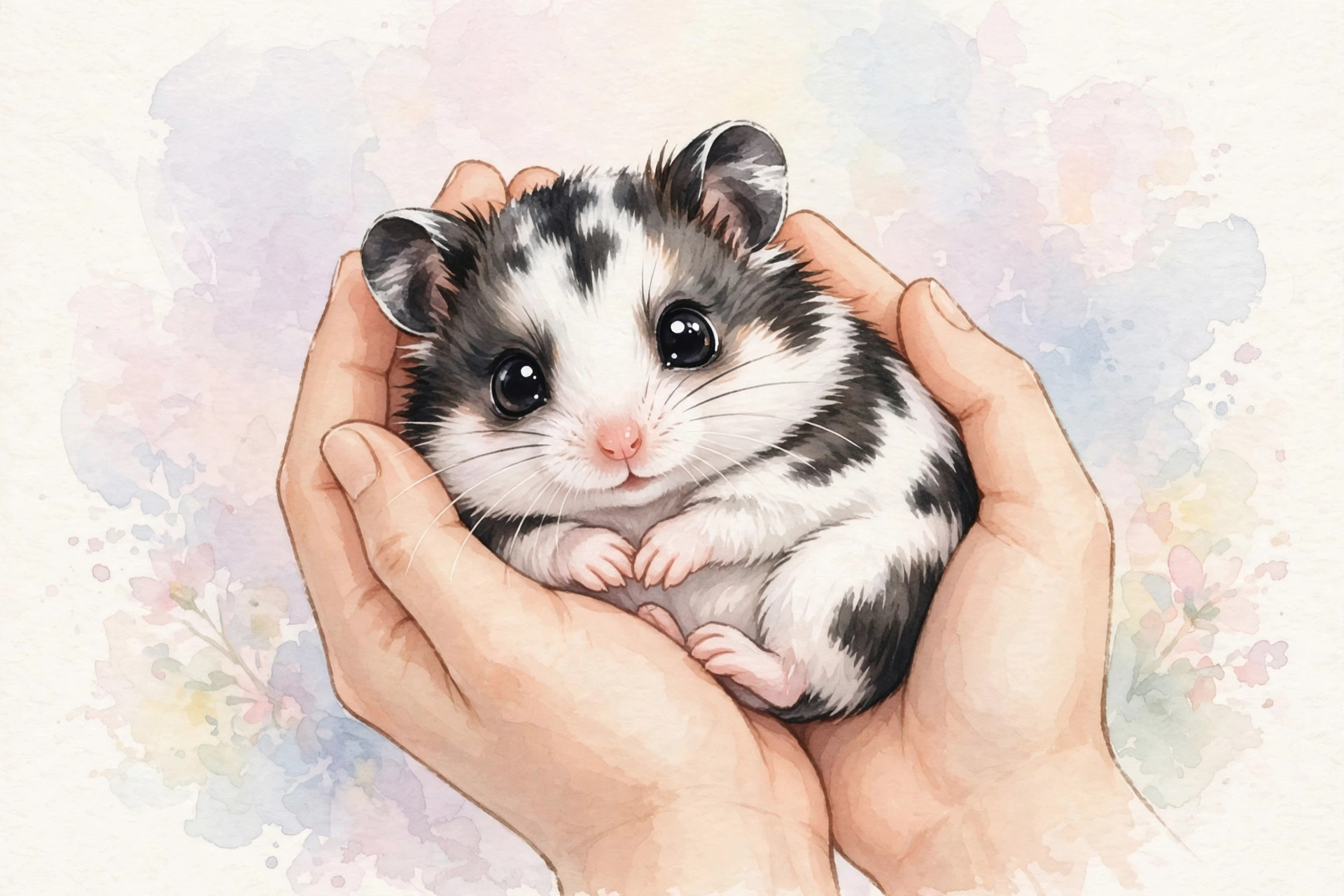 Tiny black and white baby hamster held in cupped hands
