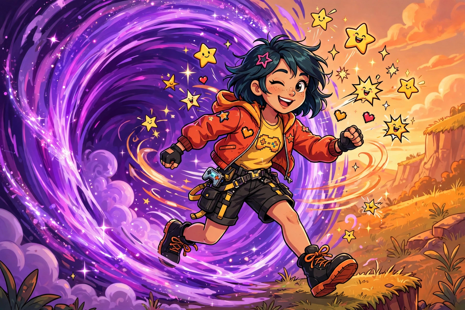 Cartoon heroine stepping through a swirling purple portal, funny apex legends legend pun names art