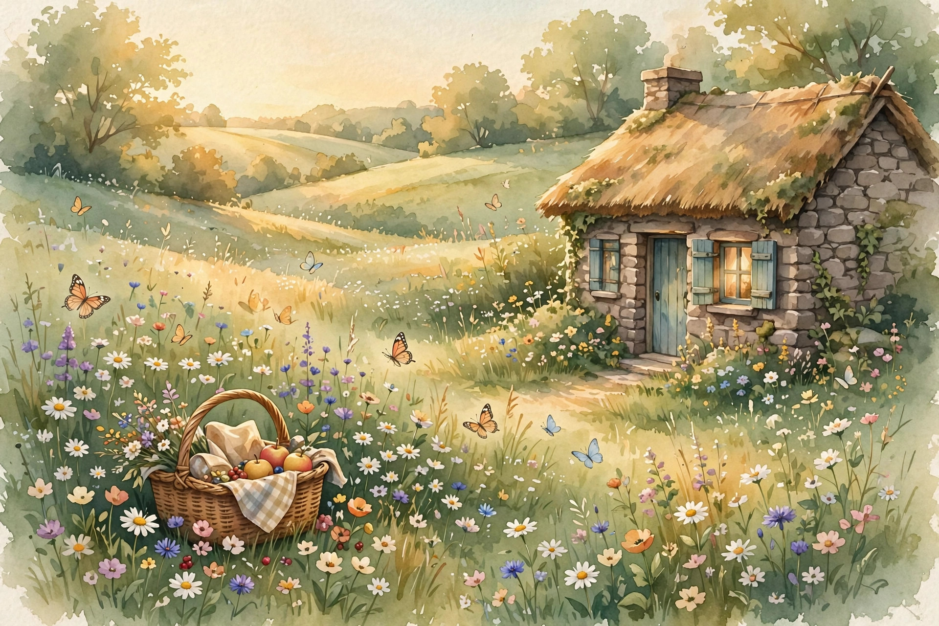 Wildflower meadow beside a small cottage at golden hour, cottagecore aesthetic usernames art