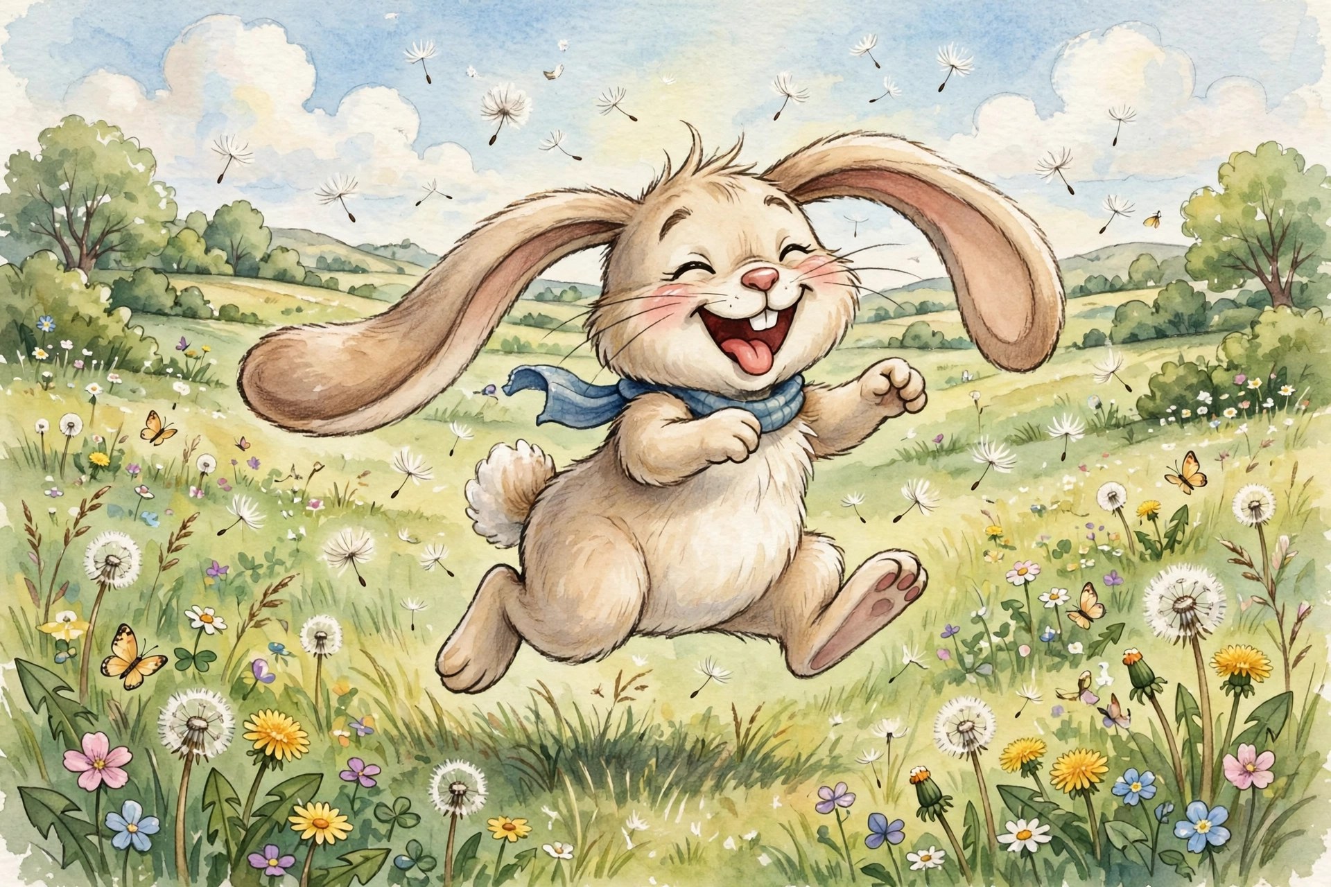 Goofy laughing bunny mid-hop in a meadow, funny Disney rabbit names
