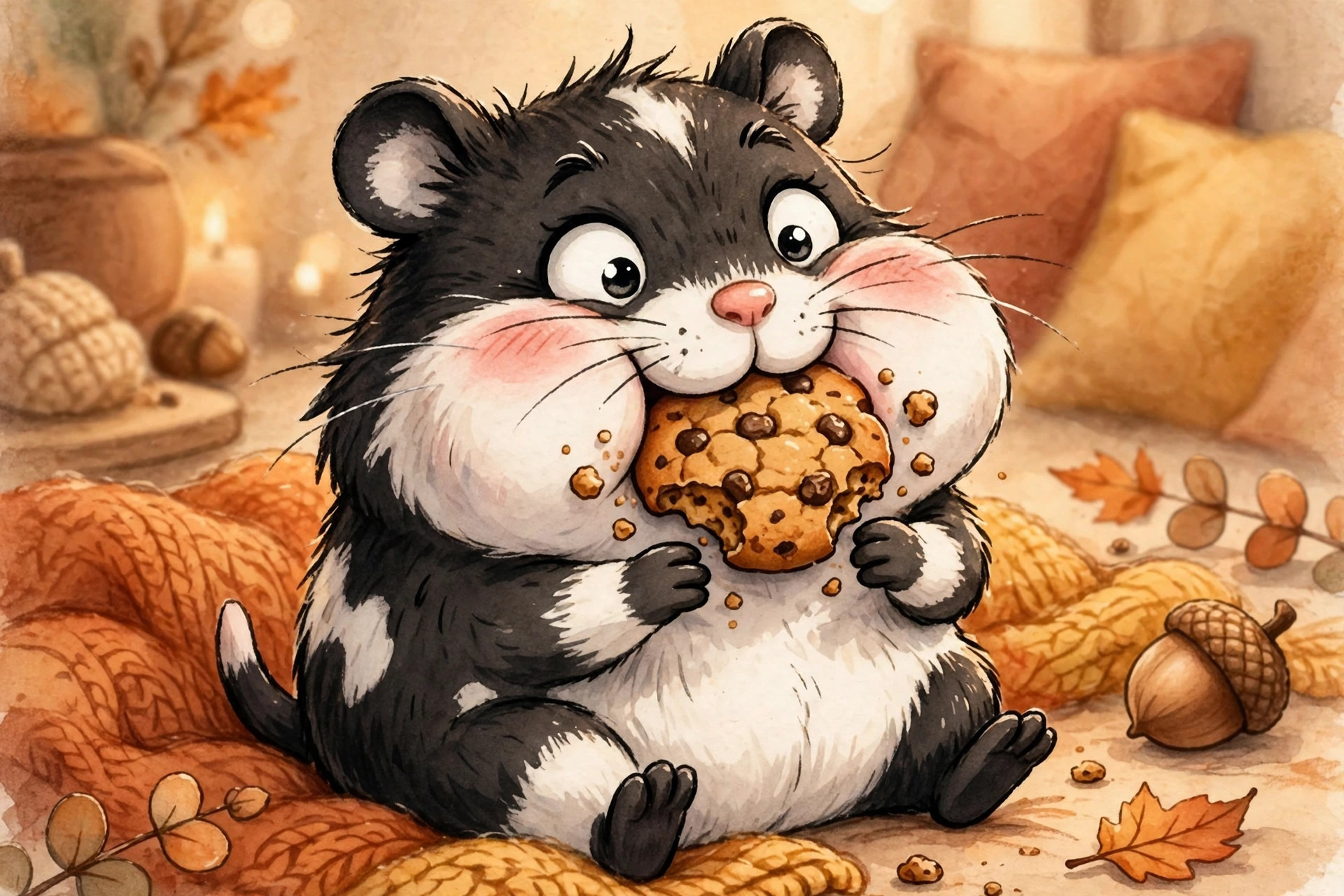 Chubby black and white hamster with stuffed cheeks