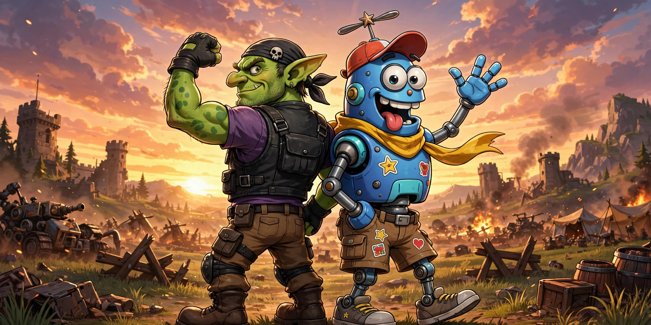 Two comedic cartoon heroes standing back to back, funny apex legends duo names art