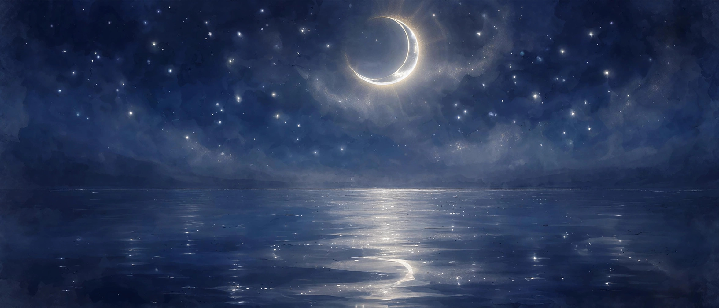 Crescent moon and stars over a calm night sea, celestial aesthetic usernames art