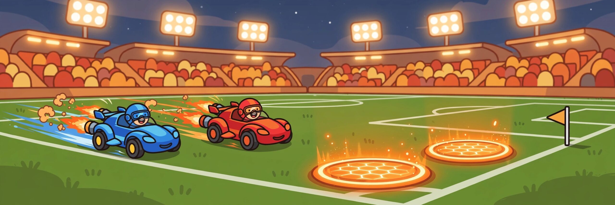 Rocket cars crashing into each other with comic explosion clouds on a soccer field