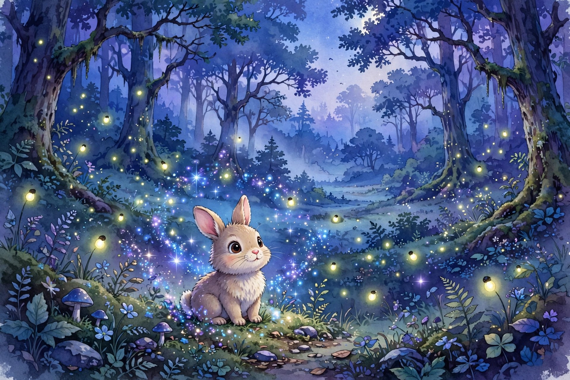 Bunny surrounded by sparkles in an enchanted twilight forest, magical Disney rabbit names