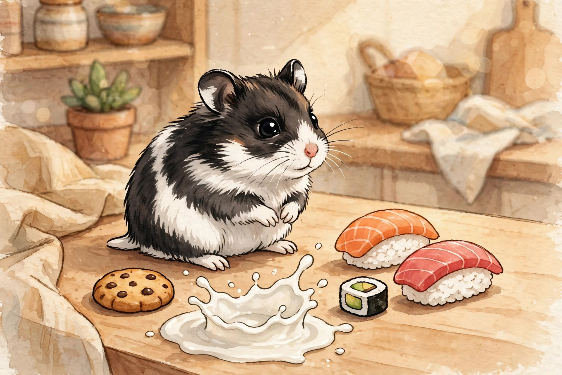 Black and white hamster with tiny cookies and treats