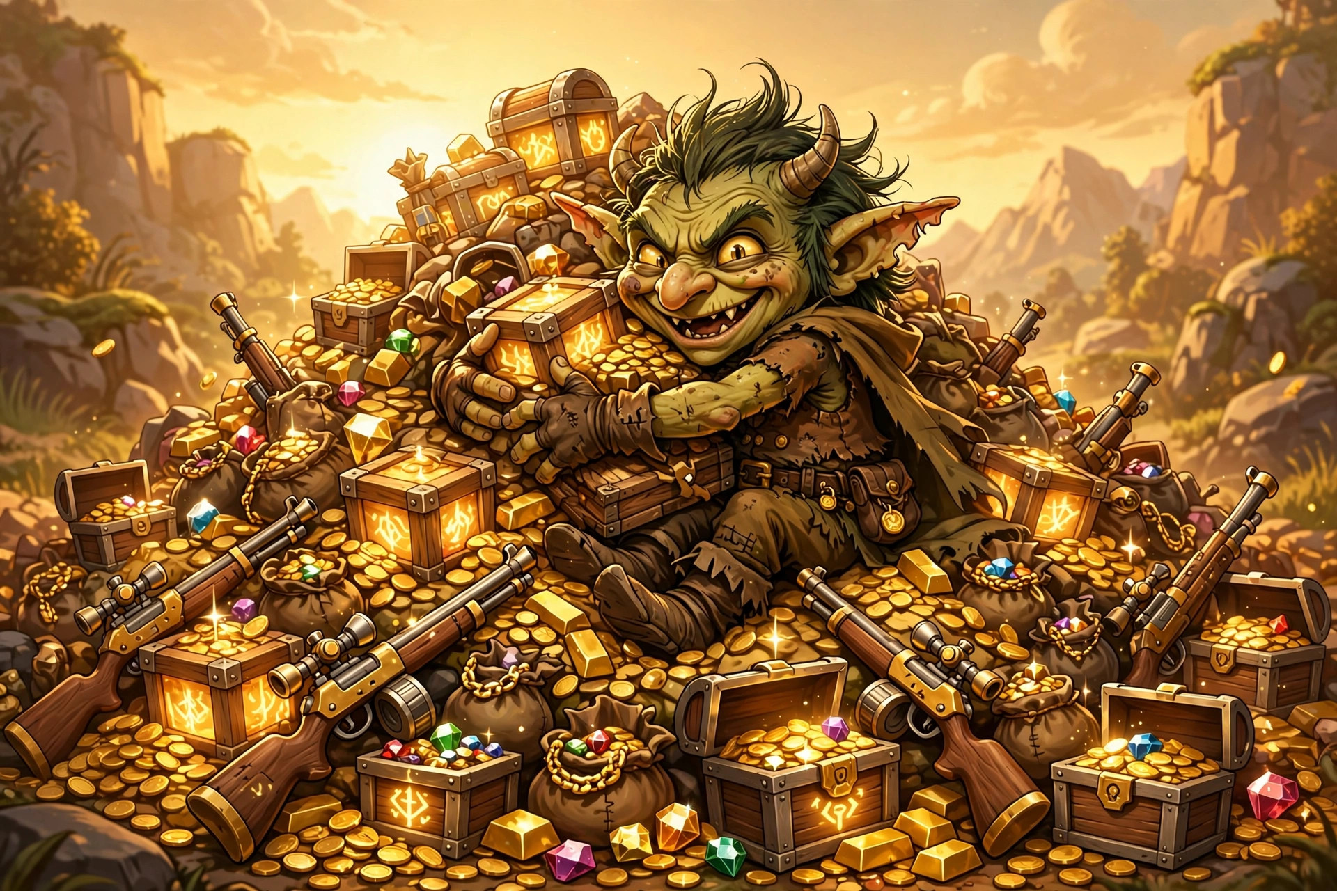 Cartoon loot goblin hoarding glowing loot crates and cartoon rifles, funny apex legends loot names