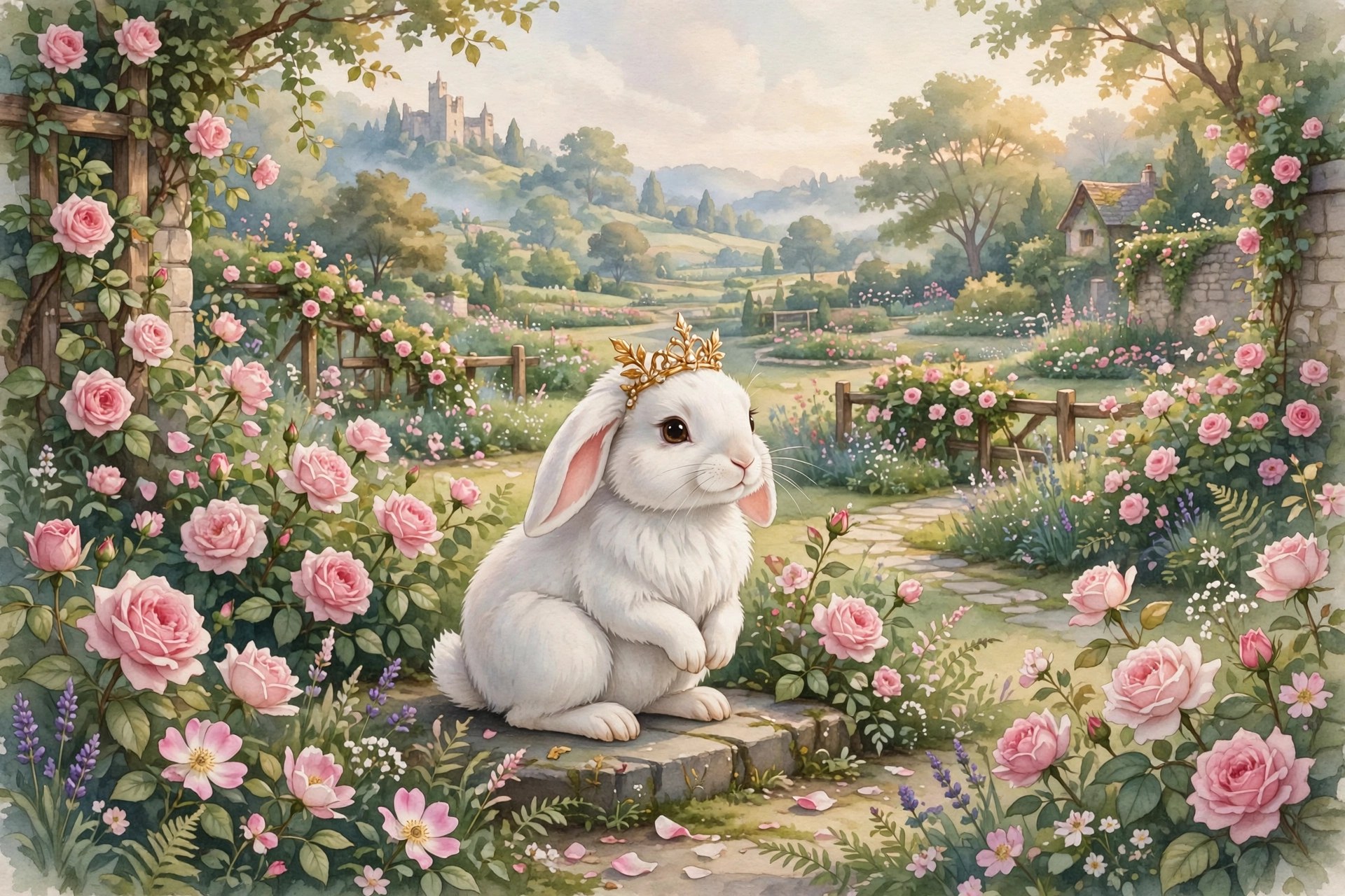Elegant white bunny with a tiny golden tiara in a rose garden, Disney princess rabbit names