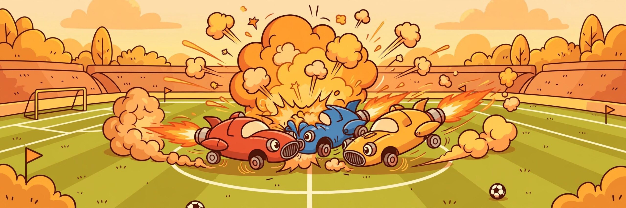Cheerful rocket cars playing soccer in a stadium at sunset, pun-themed team name art