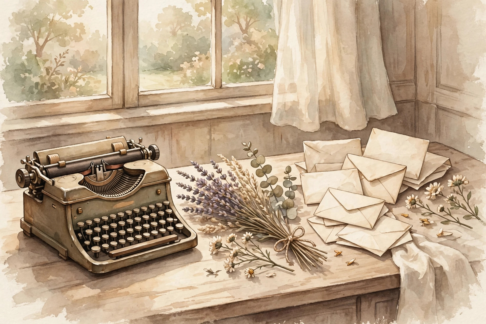 Vintage typewriter with dried flowers on a wooden desk, old-soul aesthetic usernames art