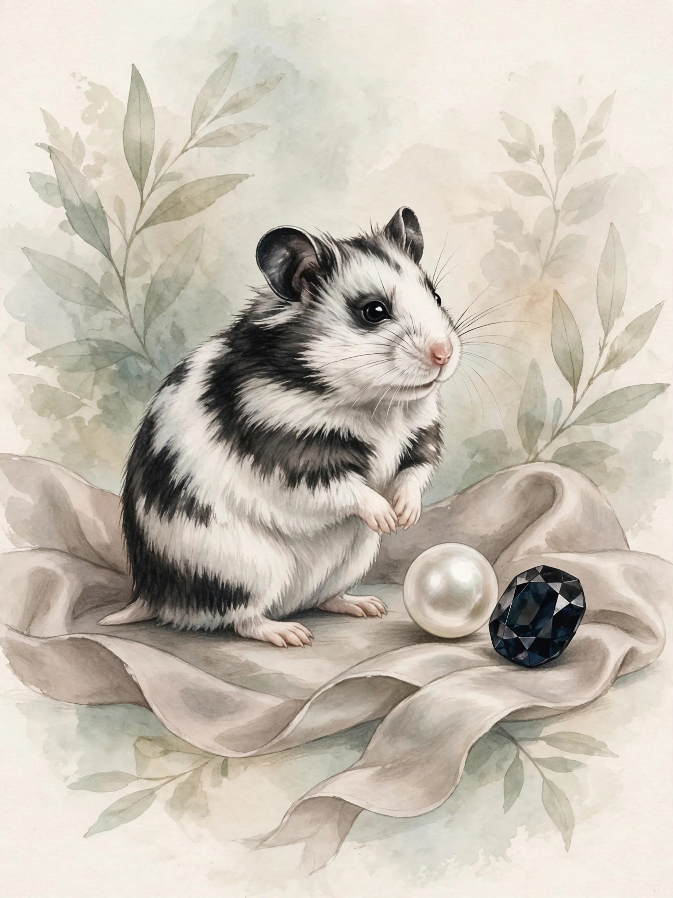 Elegant black and white hamster with pearl ribbon