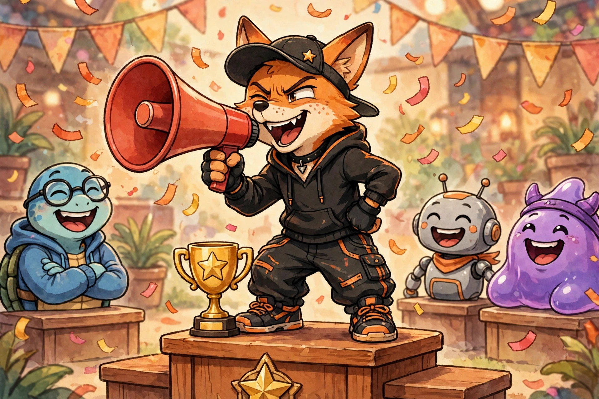 Cheeky cartoon character trash-talking from a winner's podium, funny apex legends trash talk names
