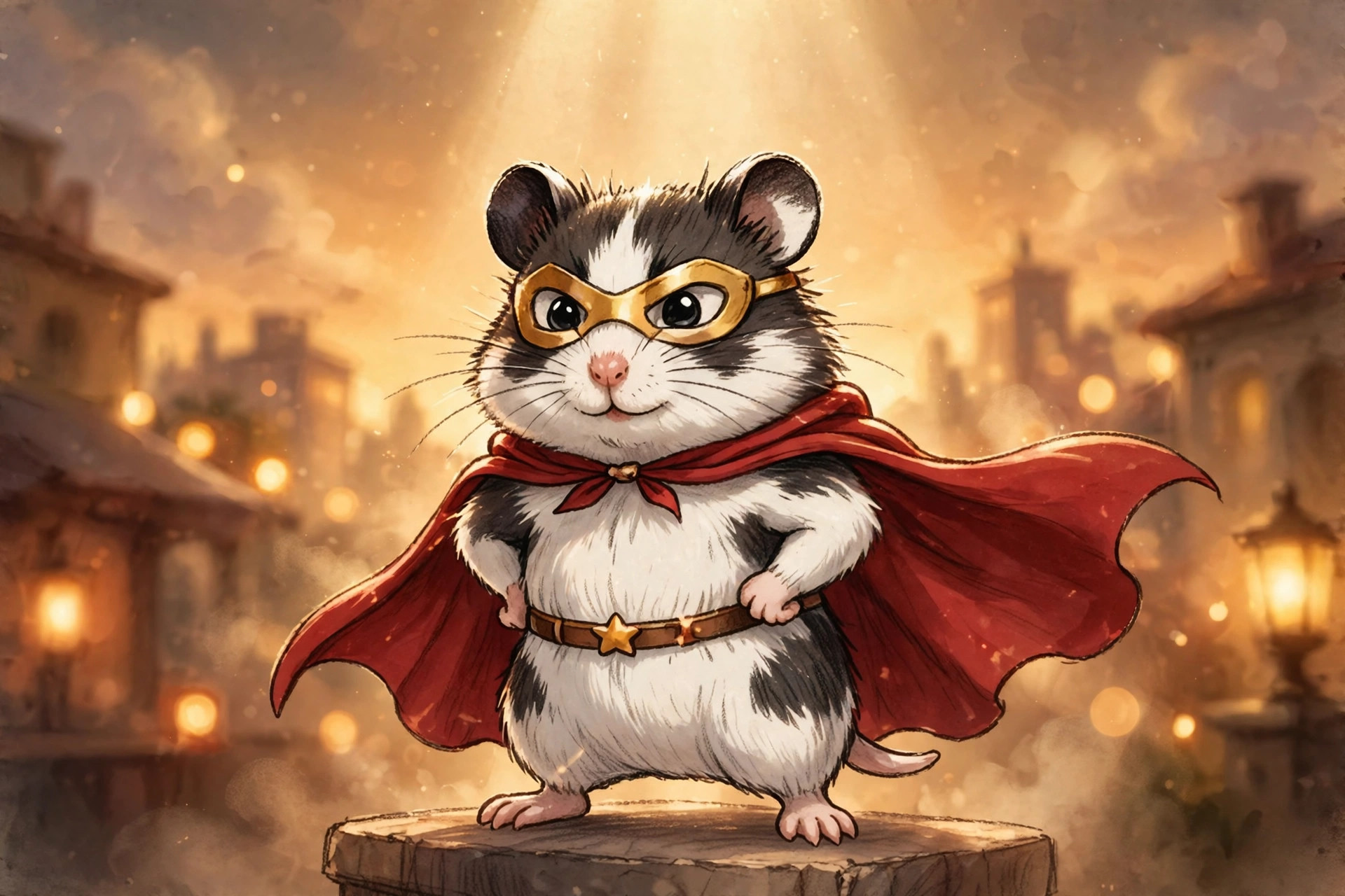Black and white hamster in a tiny hero cape