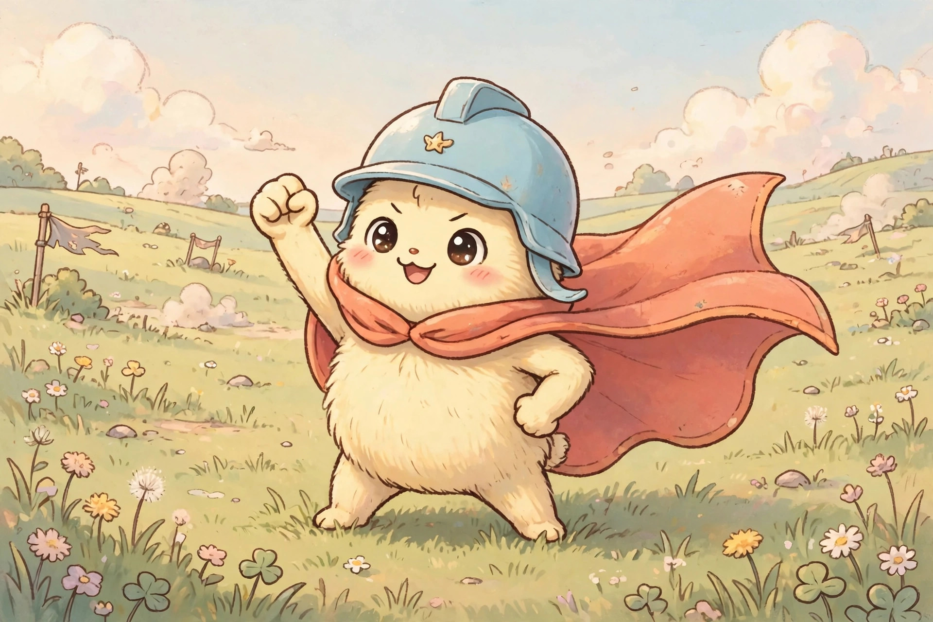 Adorable tiny creature wearing a hero cape, cute funny apex legends names art