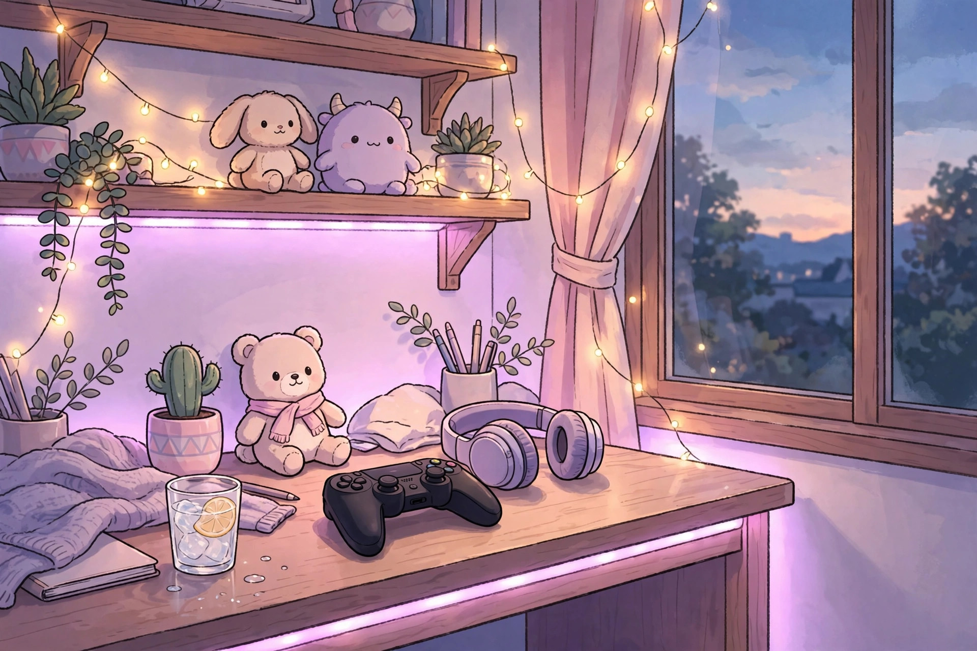 Cozy gaming setup glowing with pastel lights at dusk, aesthetic usernames for gamers art
