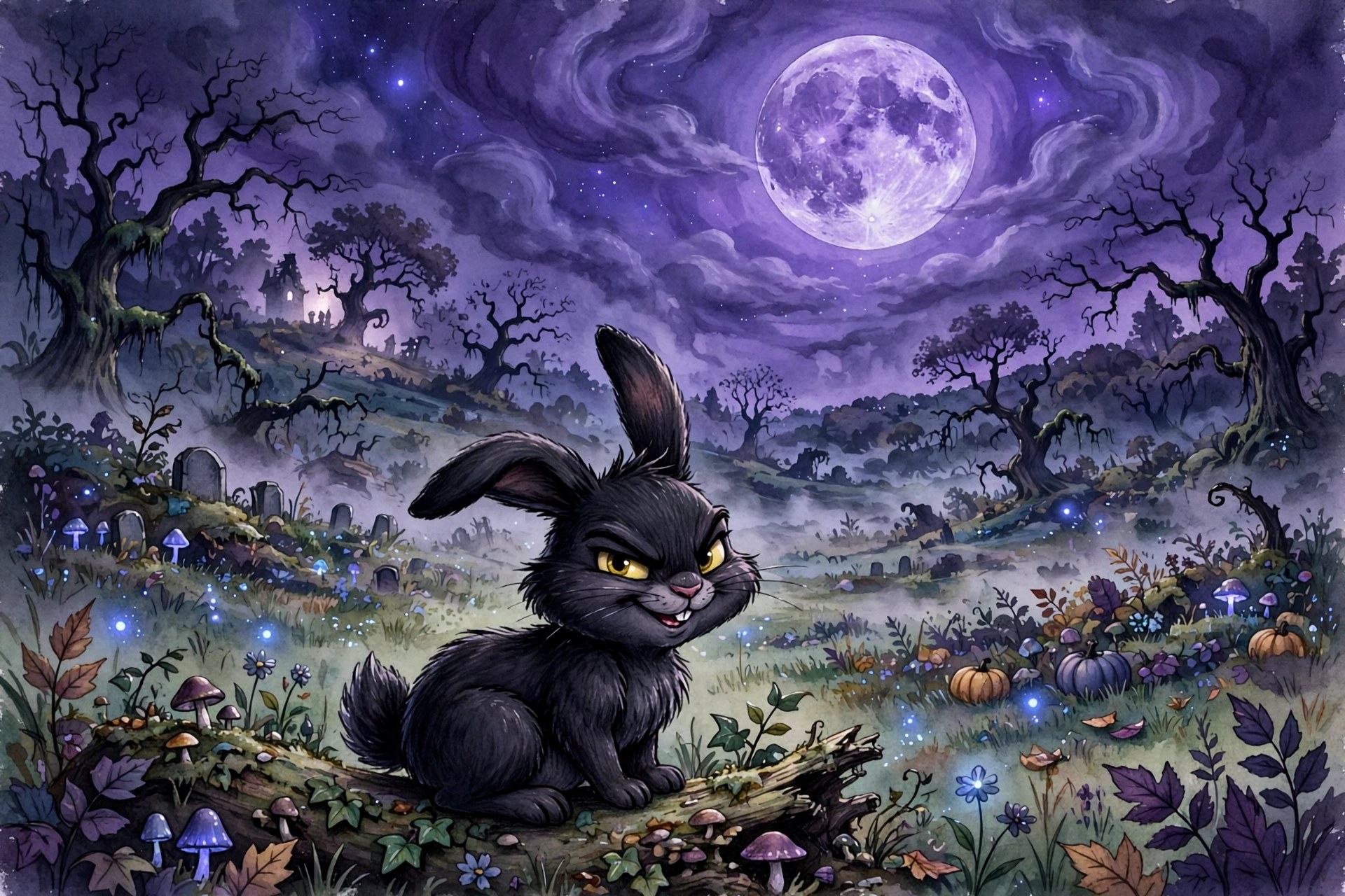 Mischievous black bunny under a purple moonlit sky, sassy Disney villain rabbit names