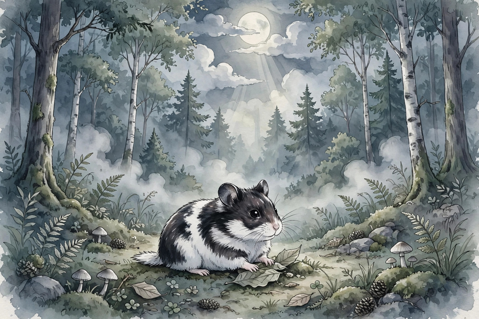 Black and white hamster in a moonlit forest clearing