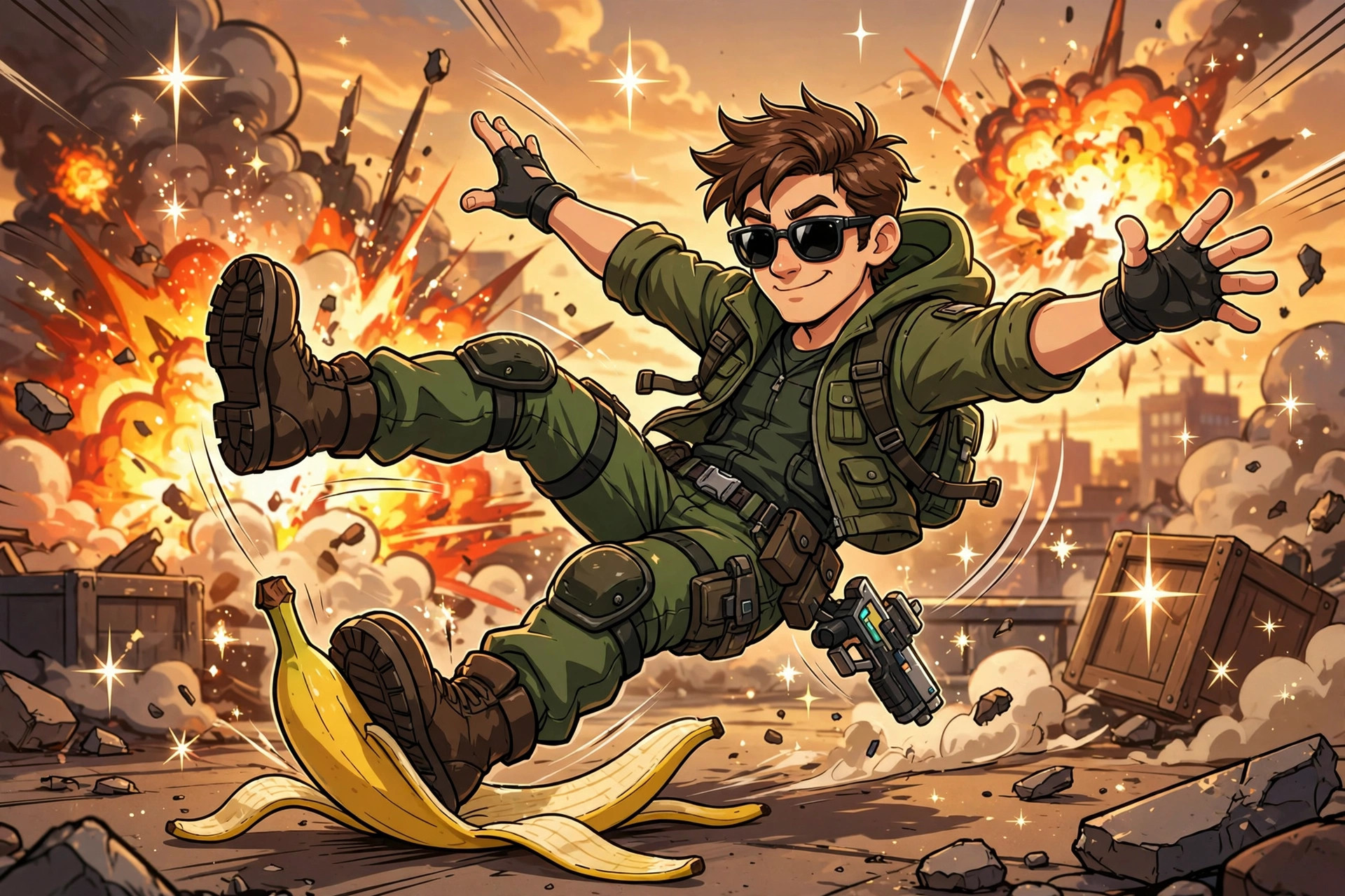 Cartoon hero in sunglasses slipping on a banana peel, cool funny apex legends names art
