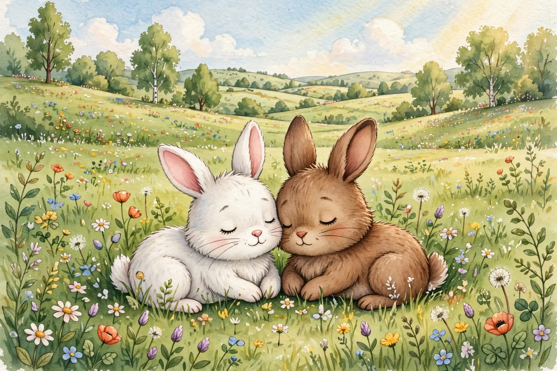 Two bunnies cuddling in a sunny meadow, Disney pair names for bonded bunnies