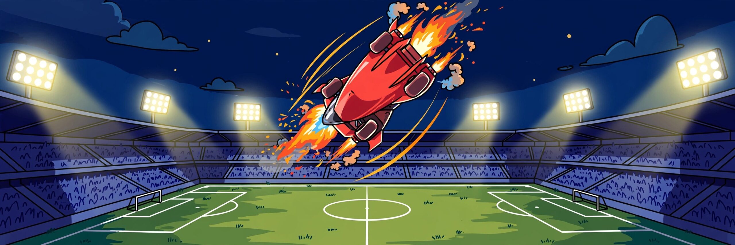 Goofy circus-themed rocket cars with colorful balloons on a soccer field, rank clown team theme