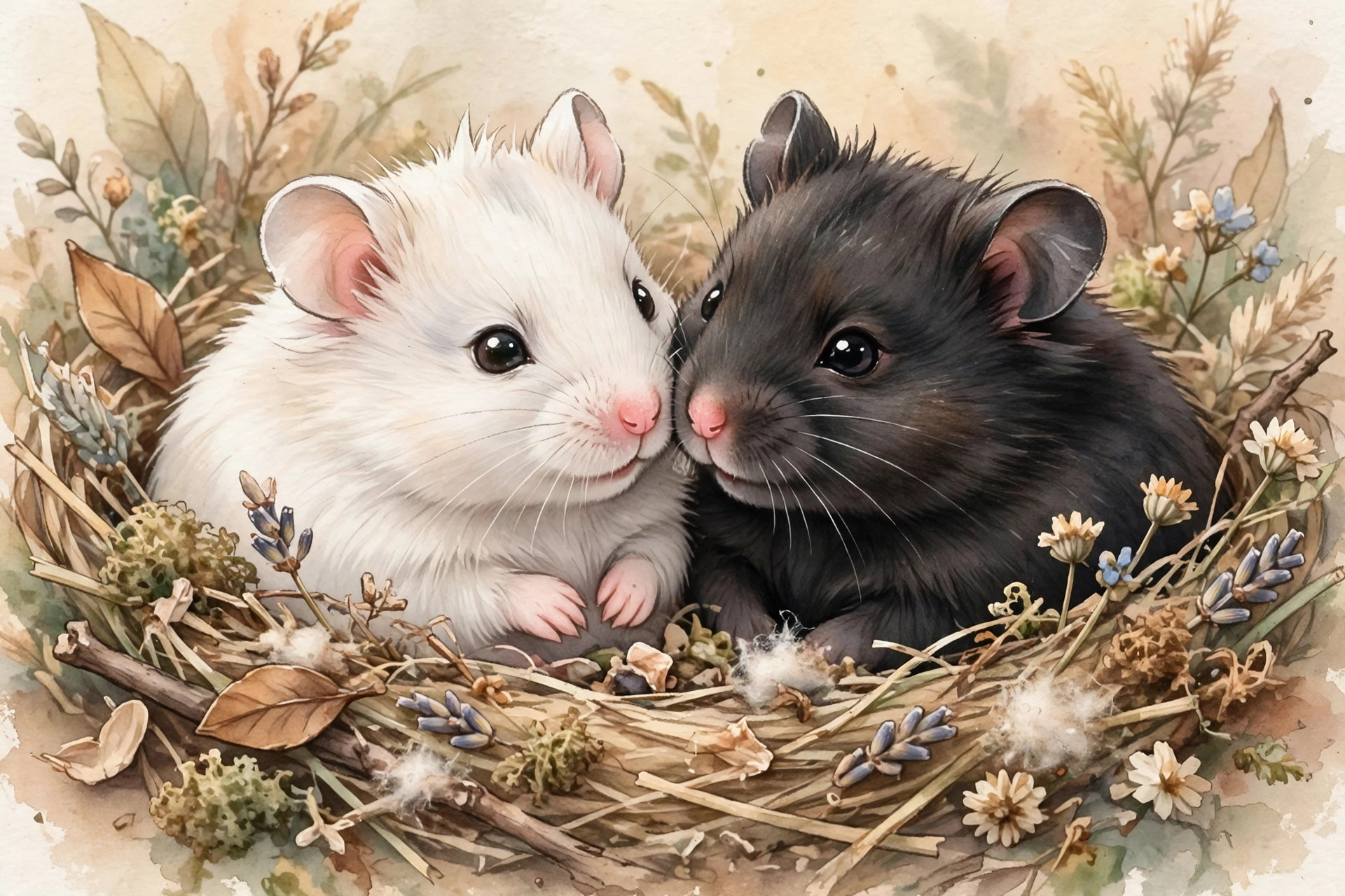 Two baby hamsters, one black and one white, nuzzling in a nest