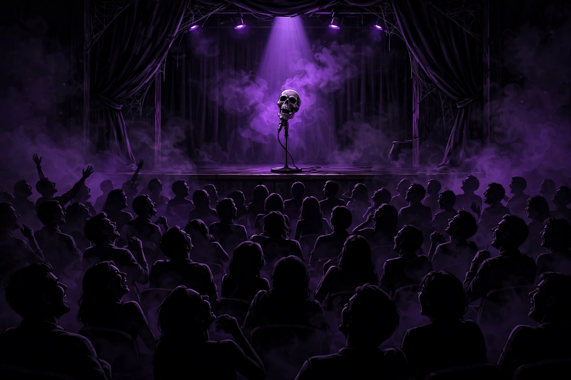 Funny dark humor nicknames, skull microphone on a dark comedy stage