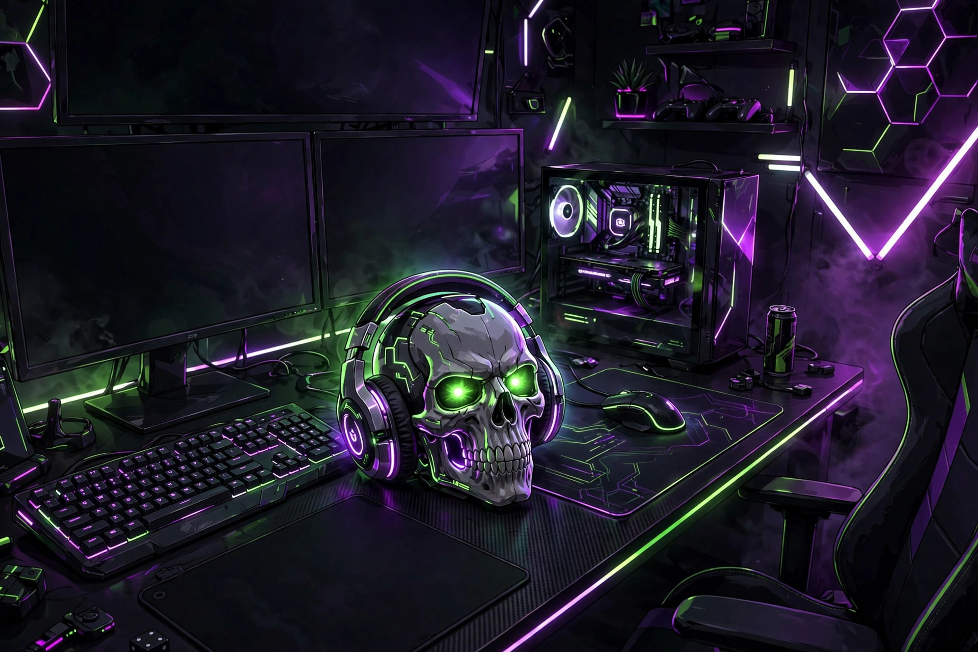 Dark humor nicknames for gaming, glowing skull headset on a gaming desk