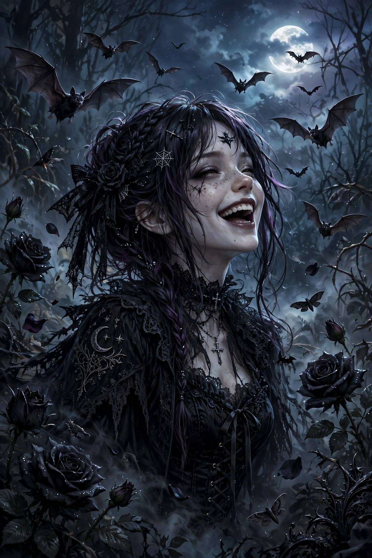 Dark humor nicknames for girls, gothic girl laughing with bats and roses