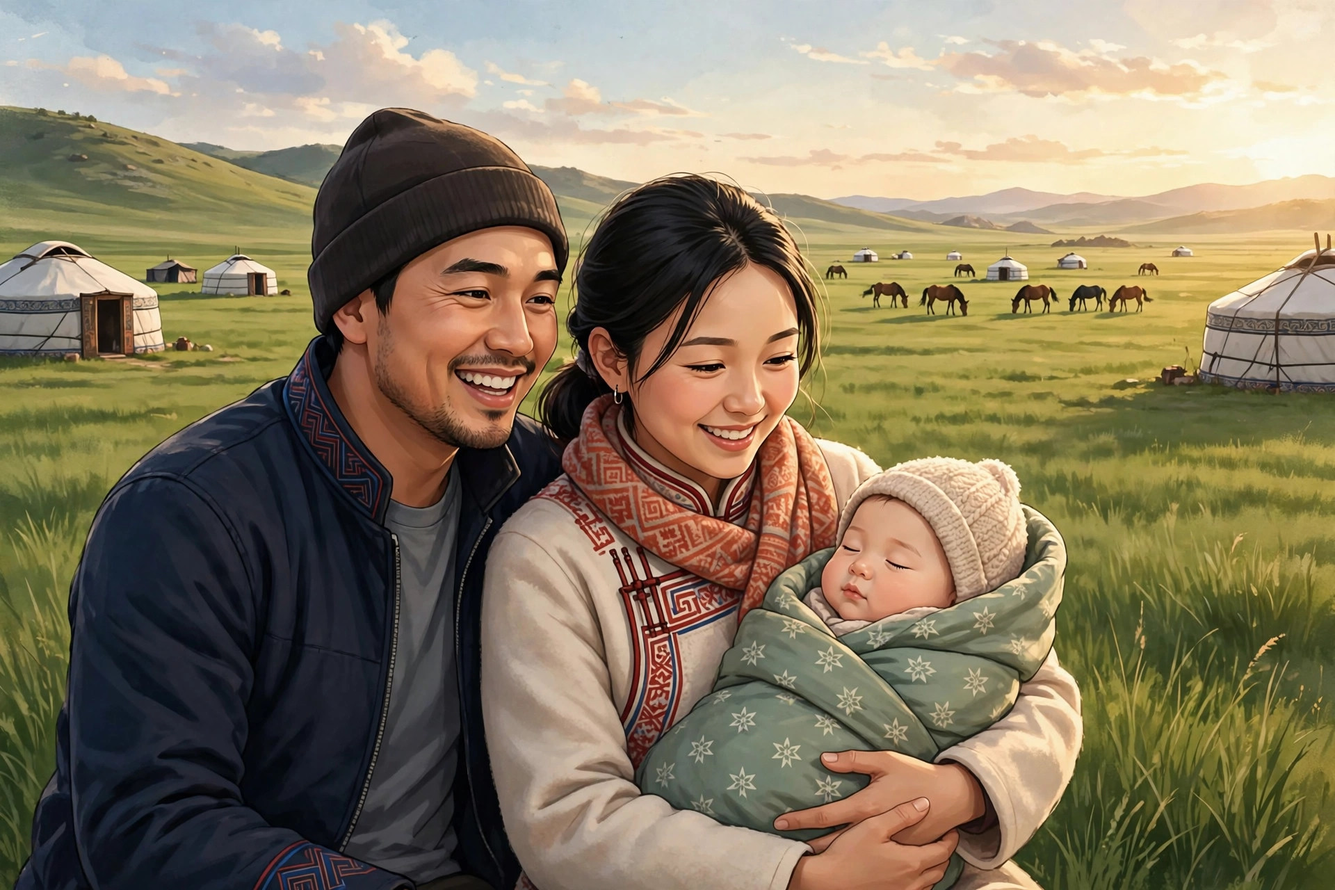 Modern Mongolian family with baby on the steppe, trending Mongolian names 2026