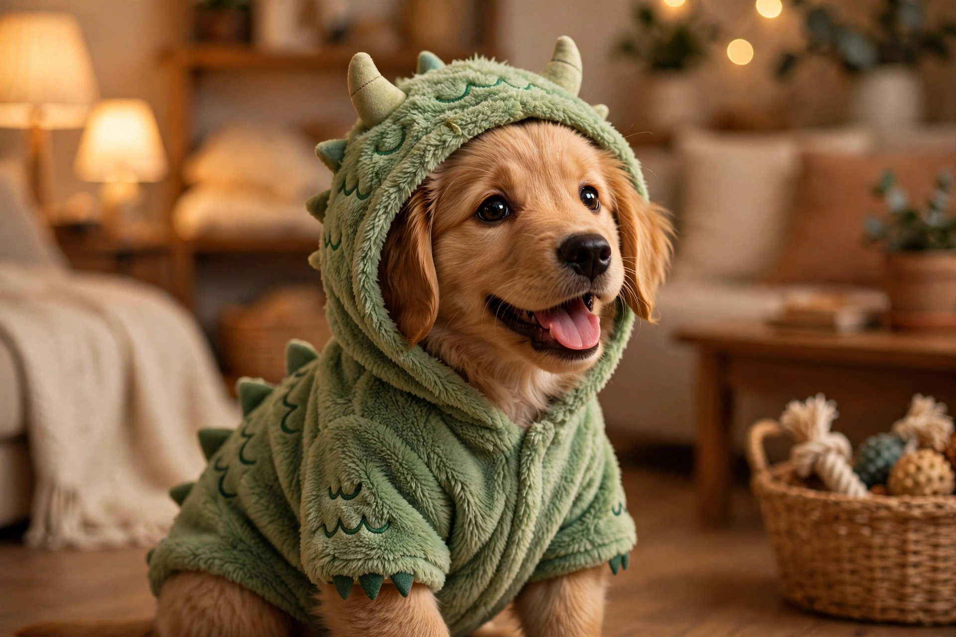 Happy puppy wearing a cute little monster costume with tiny horns, monster names for dogs