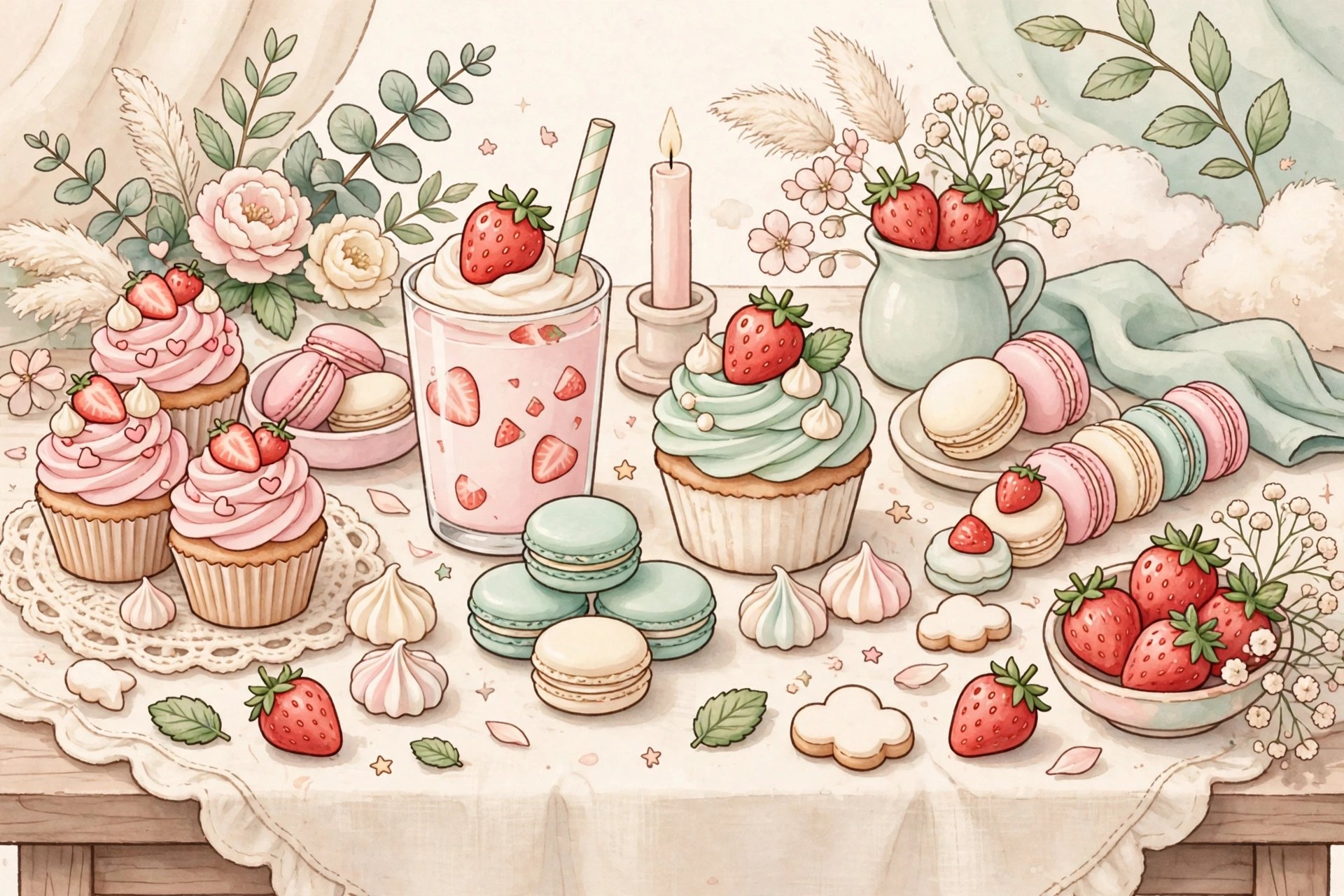 Pastel kawaii dessert table in soft colors, kawaii femboy names