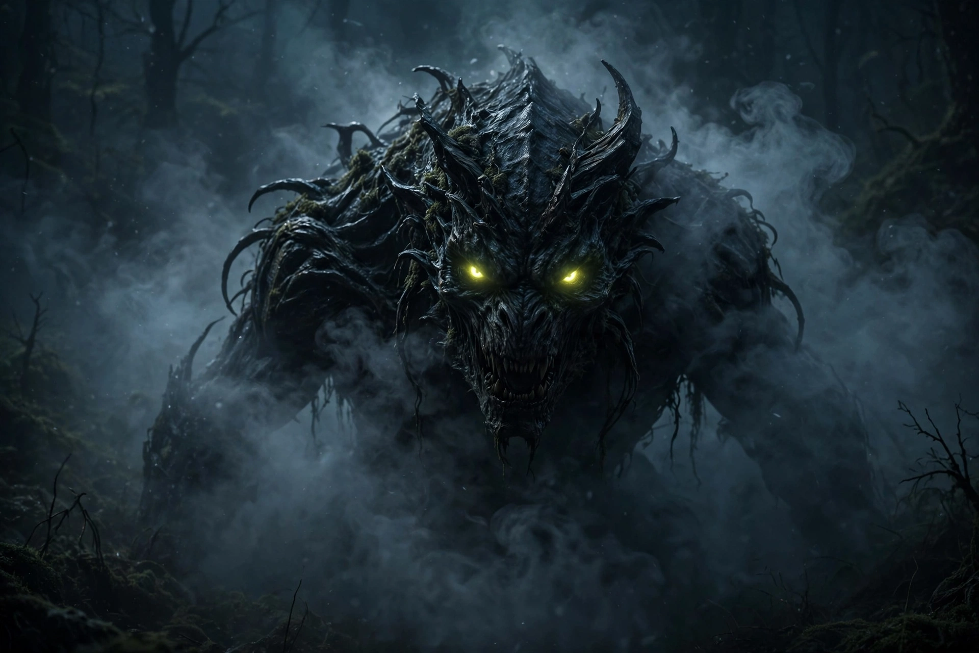 Menacing dark monster with glowing eyes emerging from mist, scary monster names