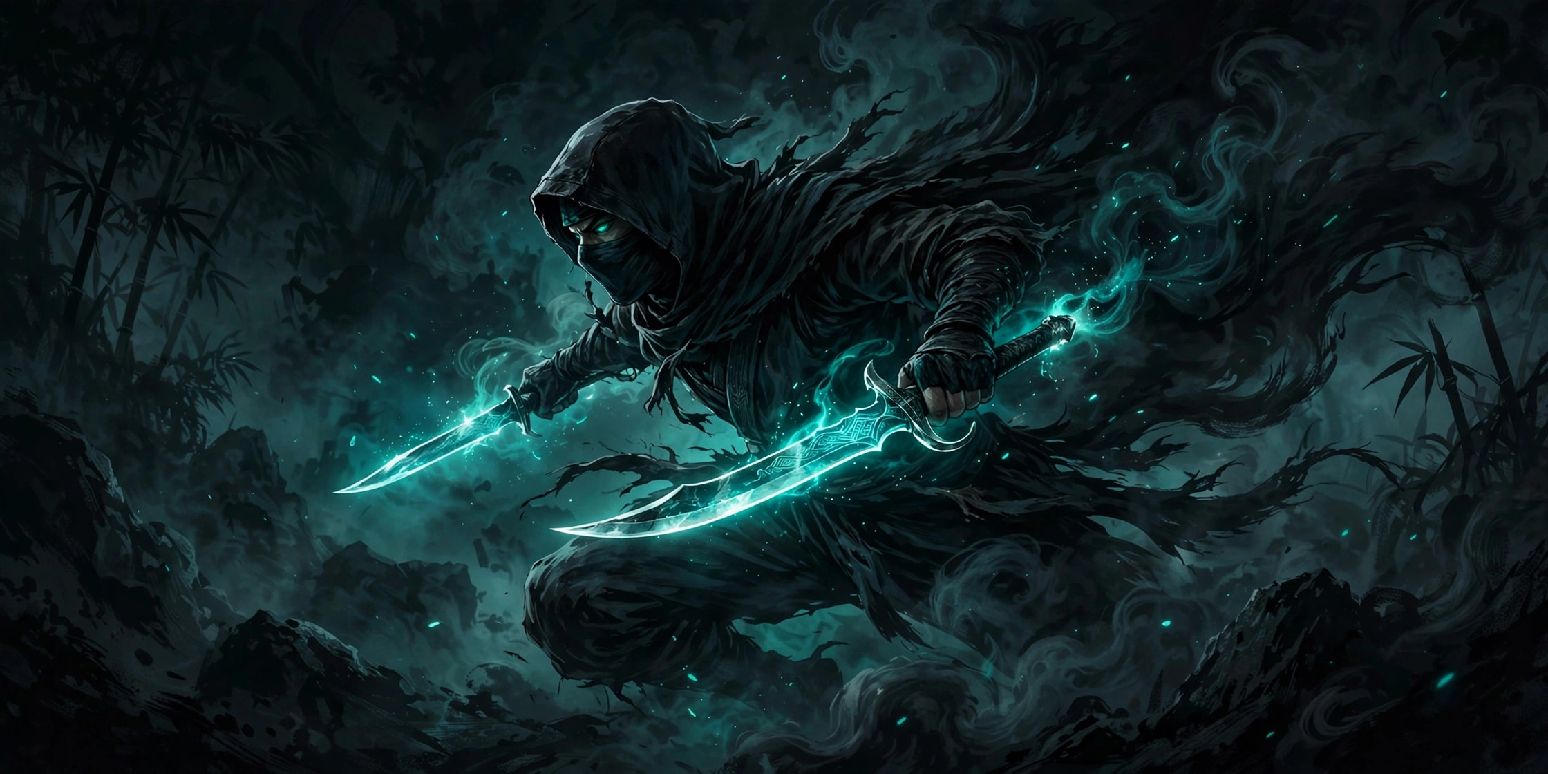 Hooded ninja figure with glowing daggers in dark smoky shadows, for stealthy assassin-style cool gaming names