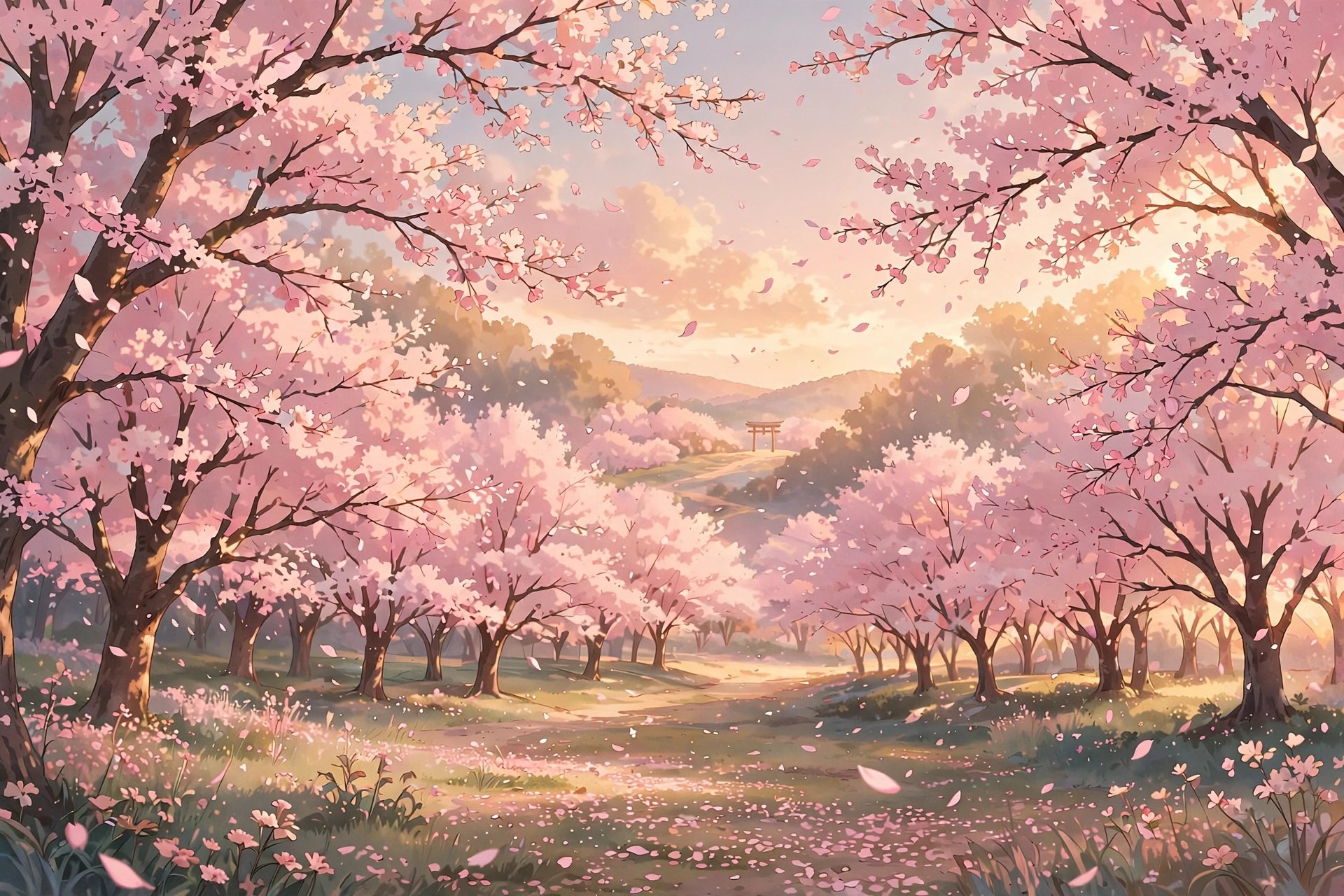 Anime-style cherry blossom scene in soft pink tones, sweet femboy names