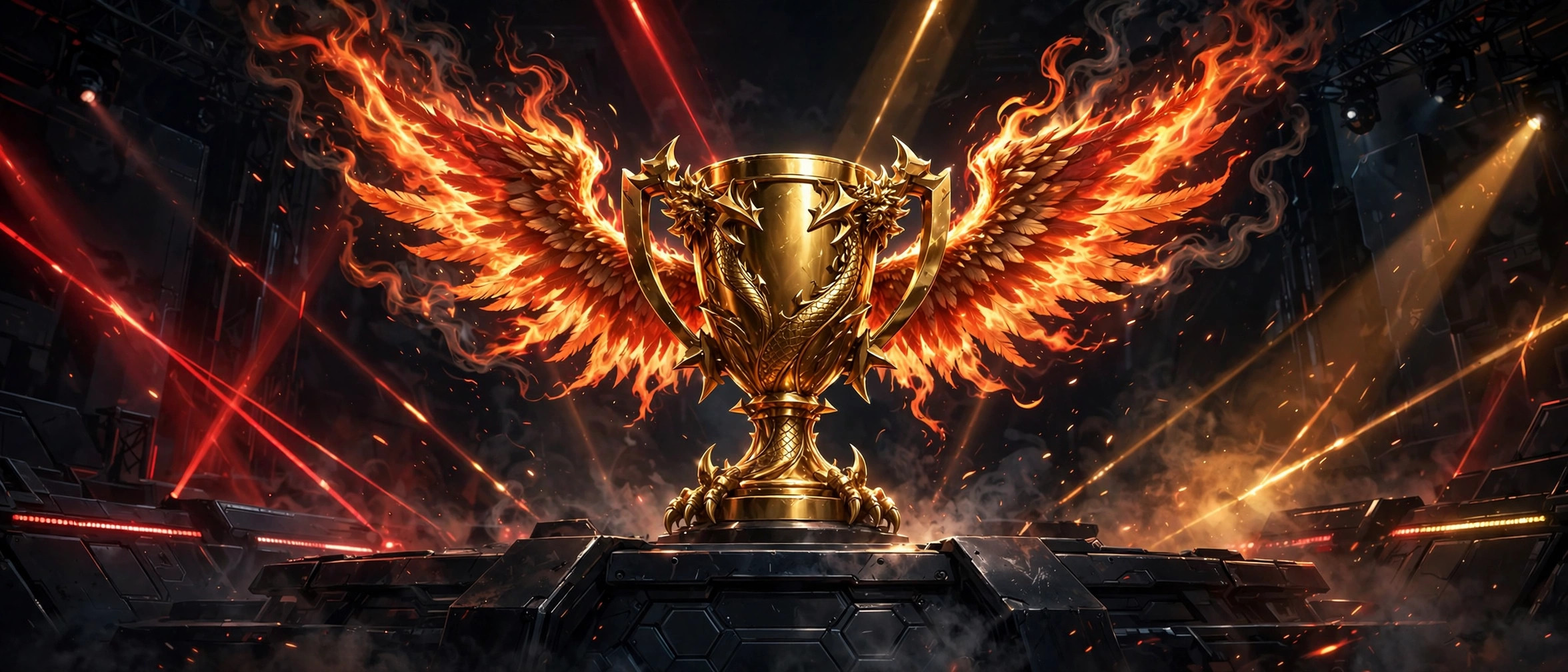 Golden trophy with flaming wings on a dark esports stage under red light, for sweaty tryhard cool gaming names